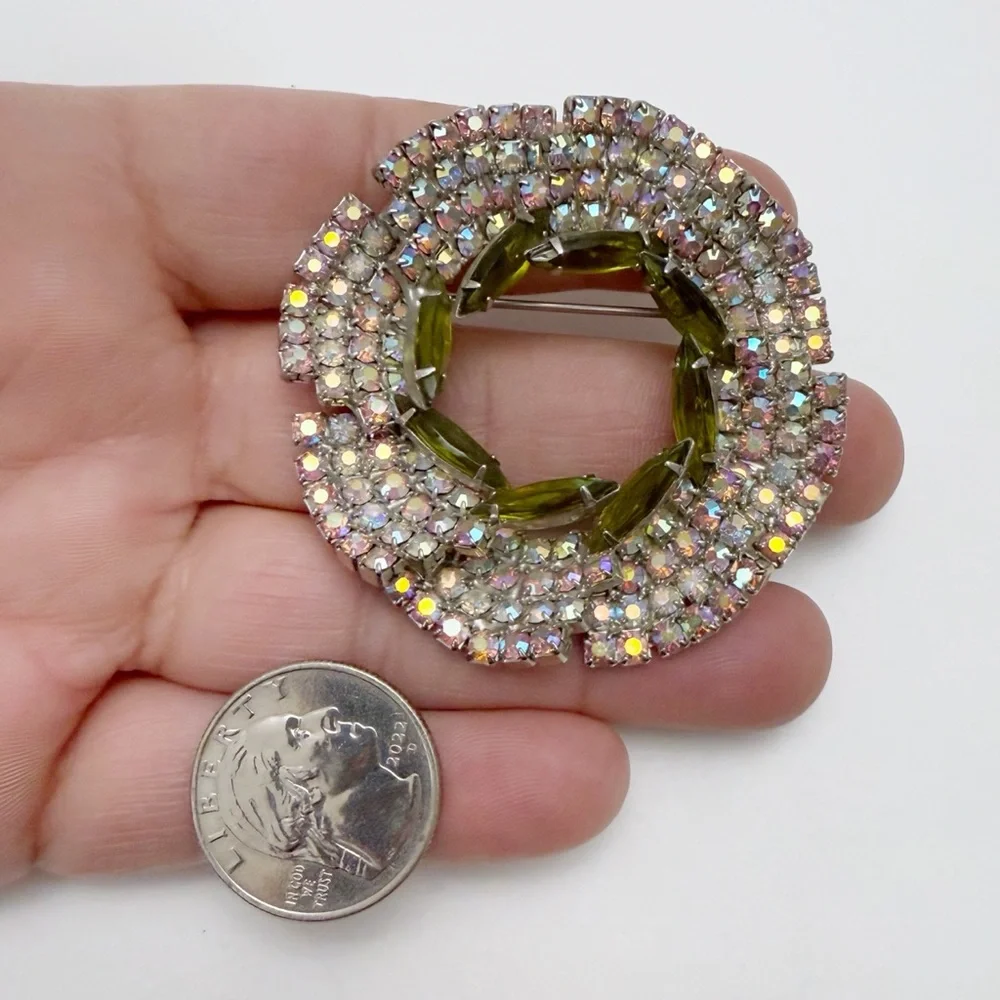 Vintage AB Green Glass Rhinestone Layered Tiered Round Wreathe Pin Brooch